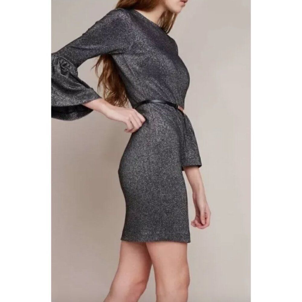 NWT Ted Baker black silver metallic bell sleeve knit Hanneh cocktail mini dress